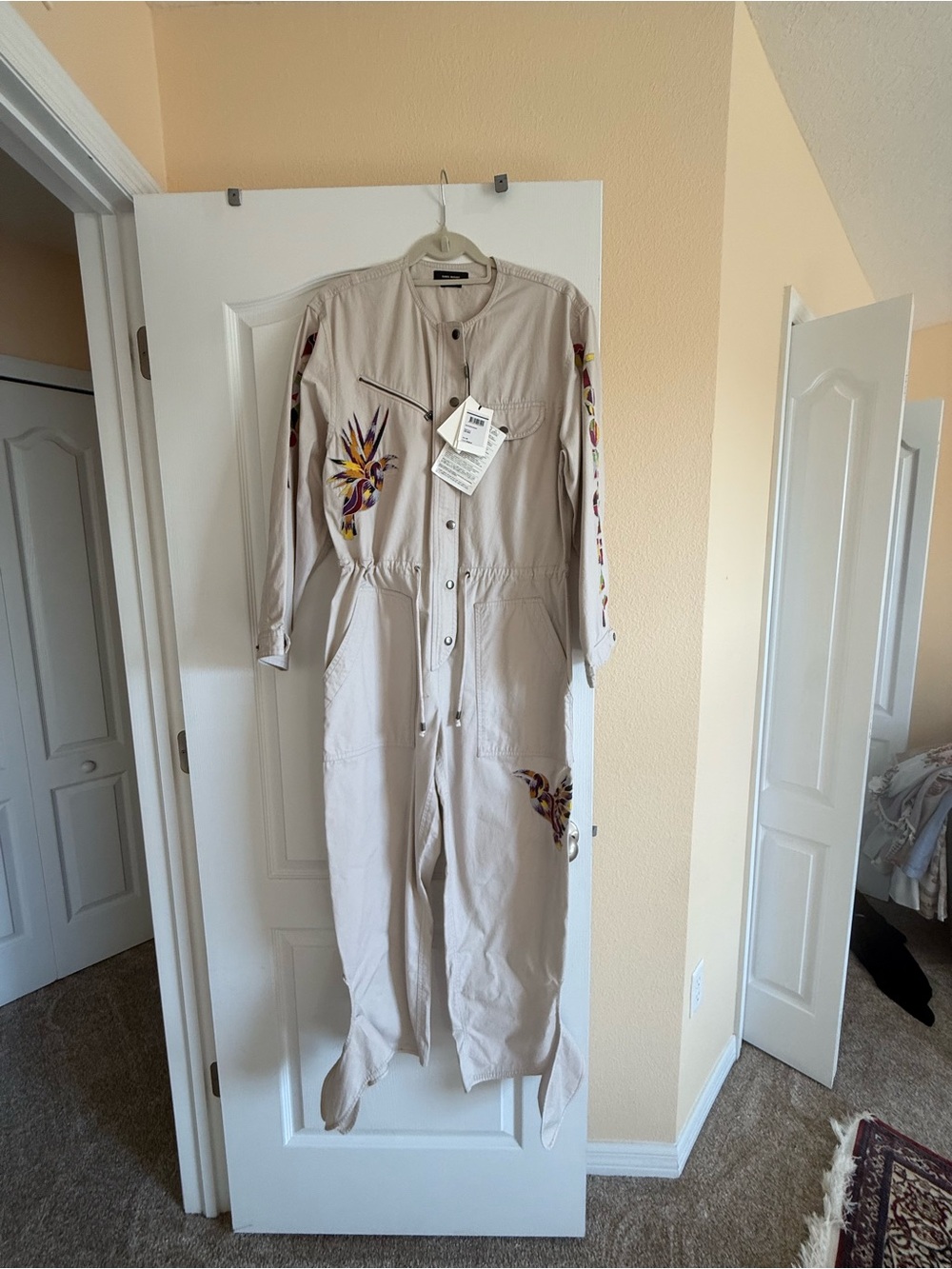 Light Beige Embroidered Utility Jumpsuit